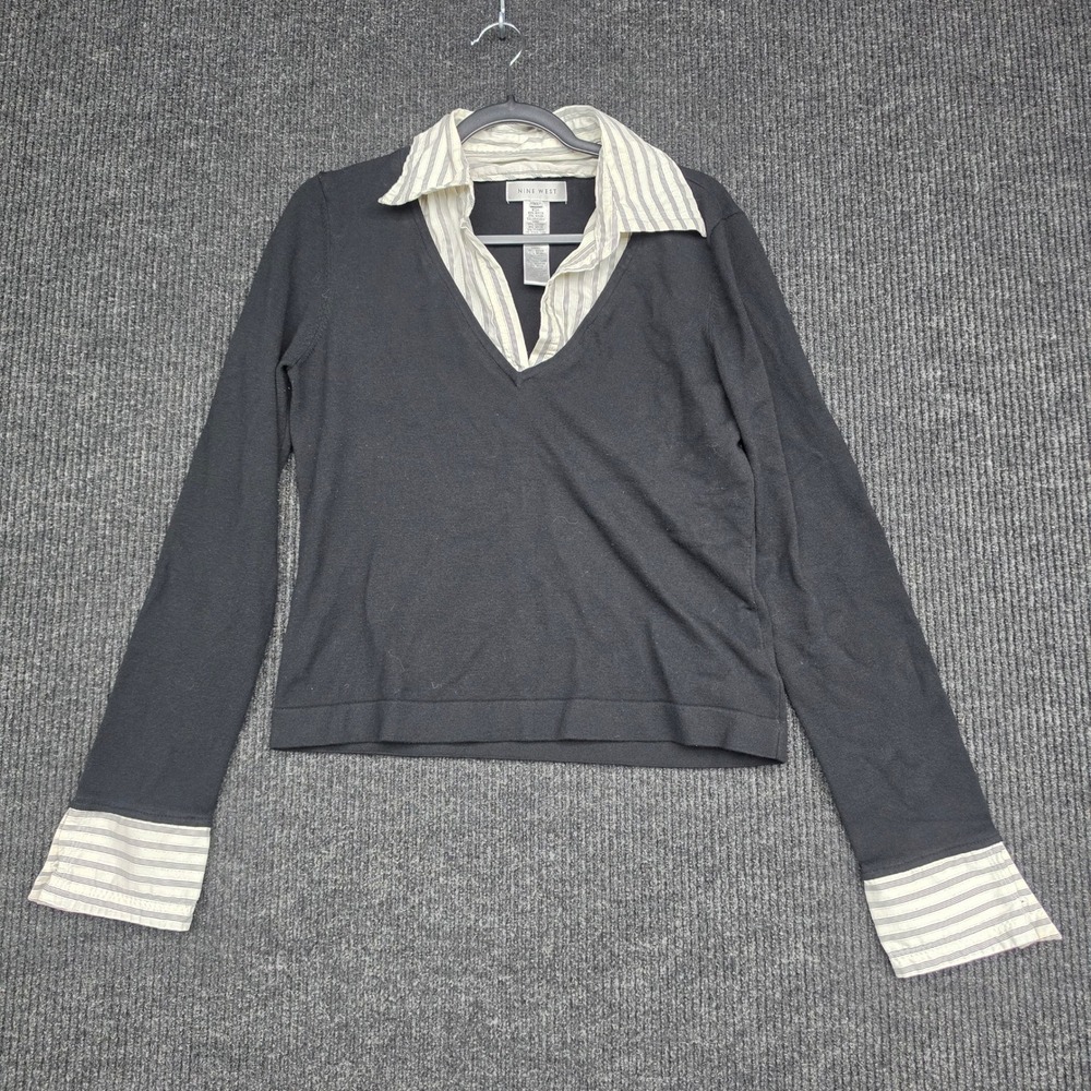 Nine West Womens XL Black V-Neck Layered Look Sweater Pinstripe Collar Cuffs